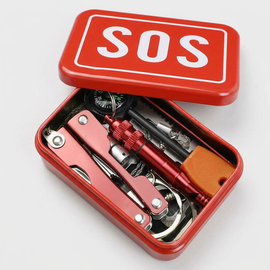 휴대용 SOS 생존박스 서바이벌 키트, 레드, 1세트
