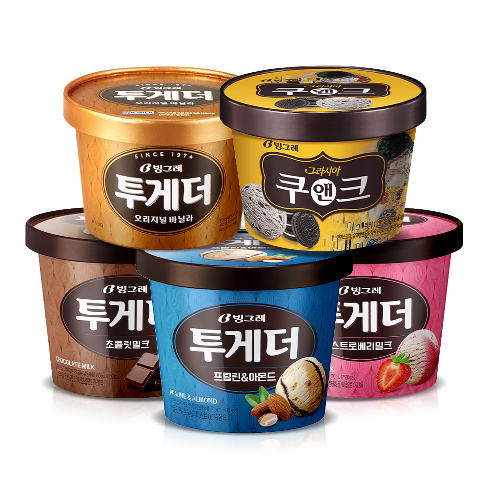 빙그레 투게더 혼합 5종 세트, 오리지널 바닐라 900ml 1개 + 그라시아 쿠앤크, 750ml, 1개 + 스트로베리밀크, 710ml, 1개 + 프럴린&아몬드, 710ml, 1개 + 초콜릿 밀크, 710ml, 1개