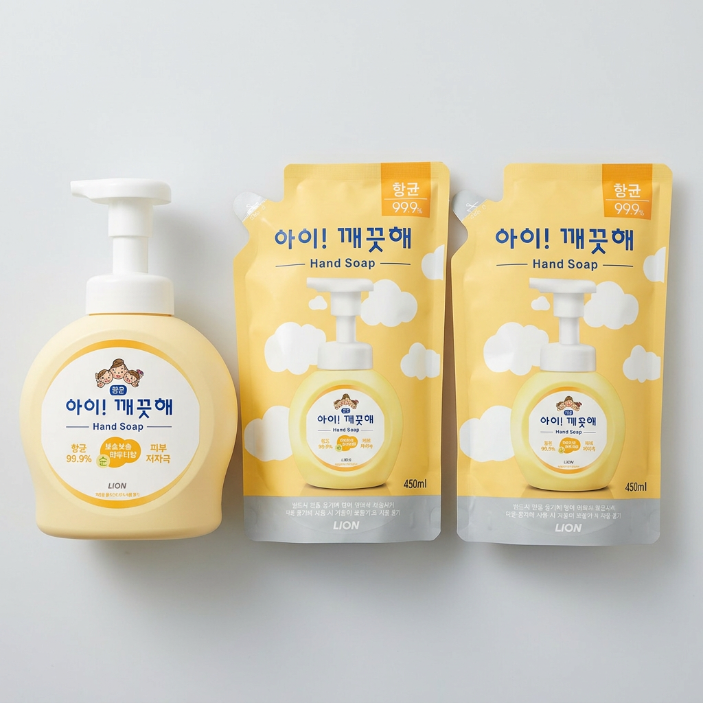 라이온코리아 아이깨끗해 항균 폼 핸드솝, 파우더향, 490ml, 1개 + 리필, 450ml, 2개