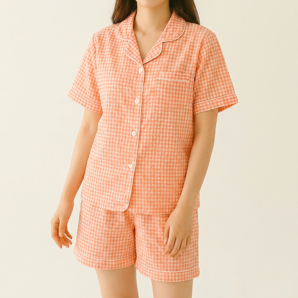 헤니 남녀 커플 여름 시어서커 카라 반팔 잠옷 세트, 블랙체크, XL, 1개