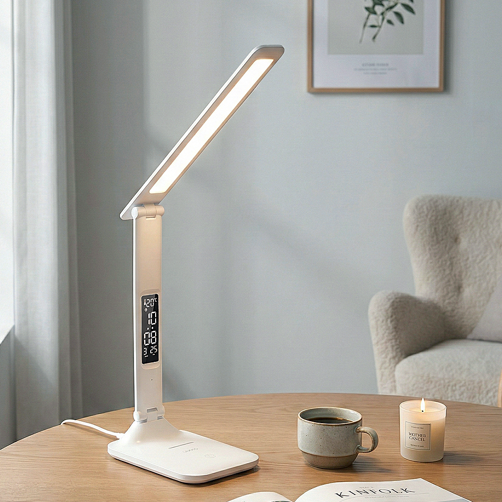 레토 LED 스탠드 책상 스탠드 시계 달력, 화이트