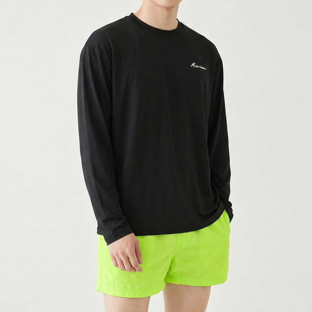 메이리앤 남여공용 루즈핏 래쉬가드 세트, 비치 팬츠, 블랙, L