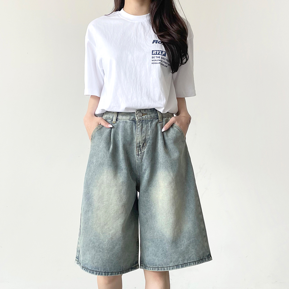 5부 비조버튼 핀턱 와이드 데님 팬츠, 블루, M