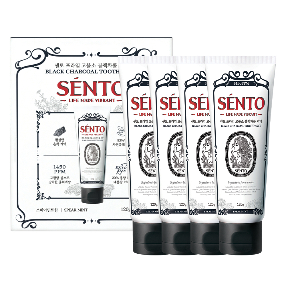 센토 프라임 고불소 블랙차콜 치약 스피아민트향, 120g, 4개