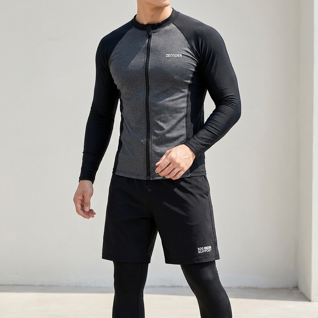 남성 빅사이즈 집업 래쉬가드 세트 BP2015, 남성용, 4XL, 블랙그레이, 3PCS 세트, 1개