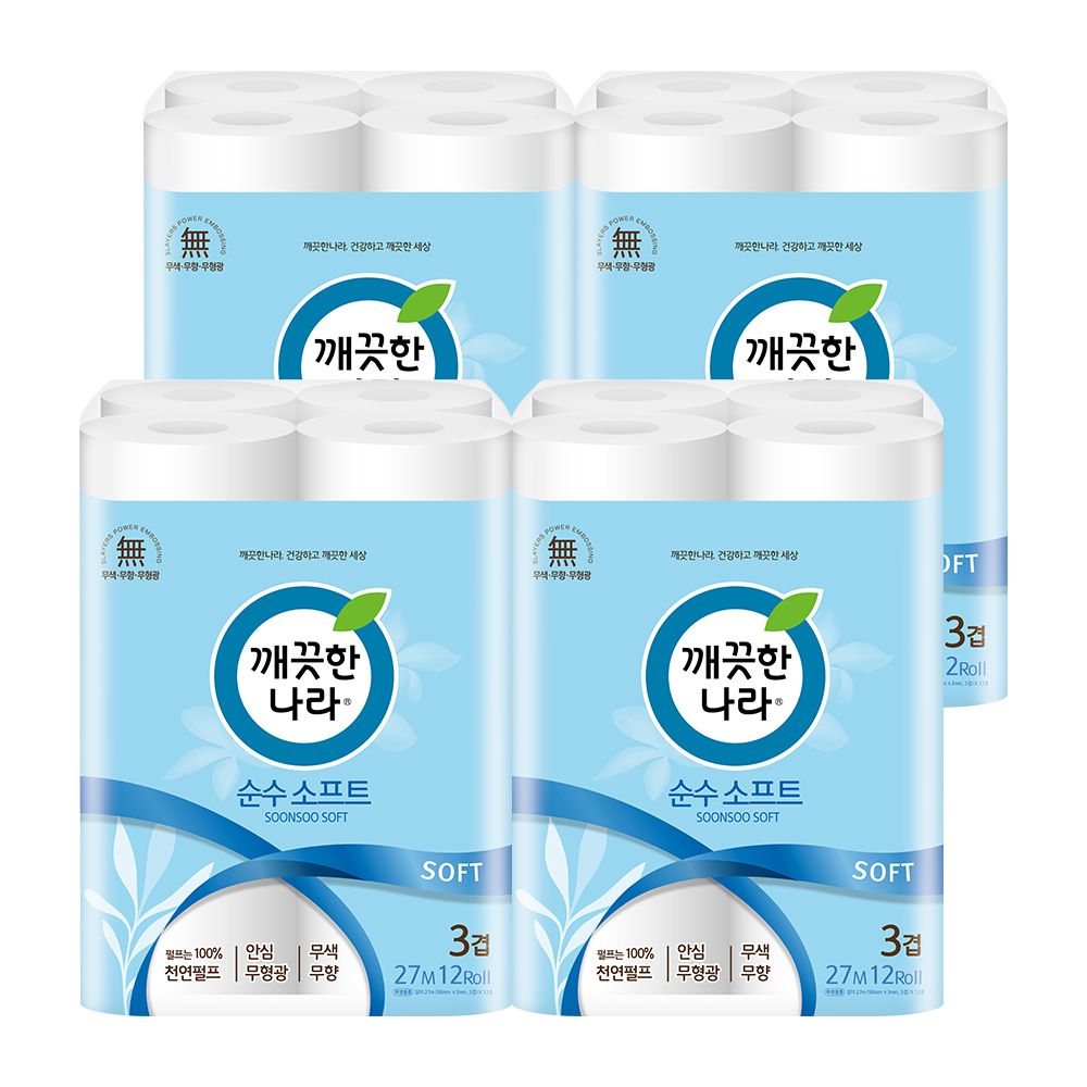 깨끗한나라 순수 소프트, 3겹, 27m, 12롤, 4팩 가격 추이 깨끗한나라 순수 소프트, 3겹, 27m, 12롤, 4팩 - 최저가 22,800원