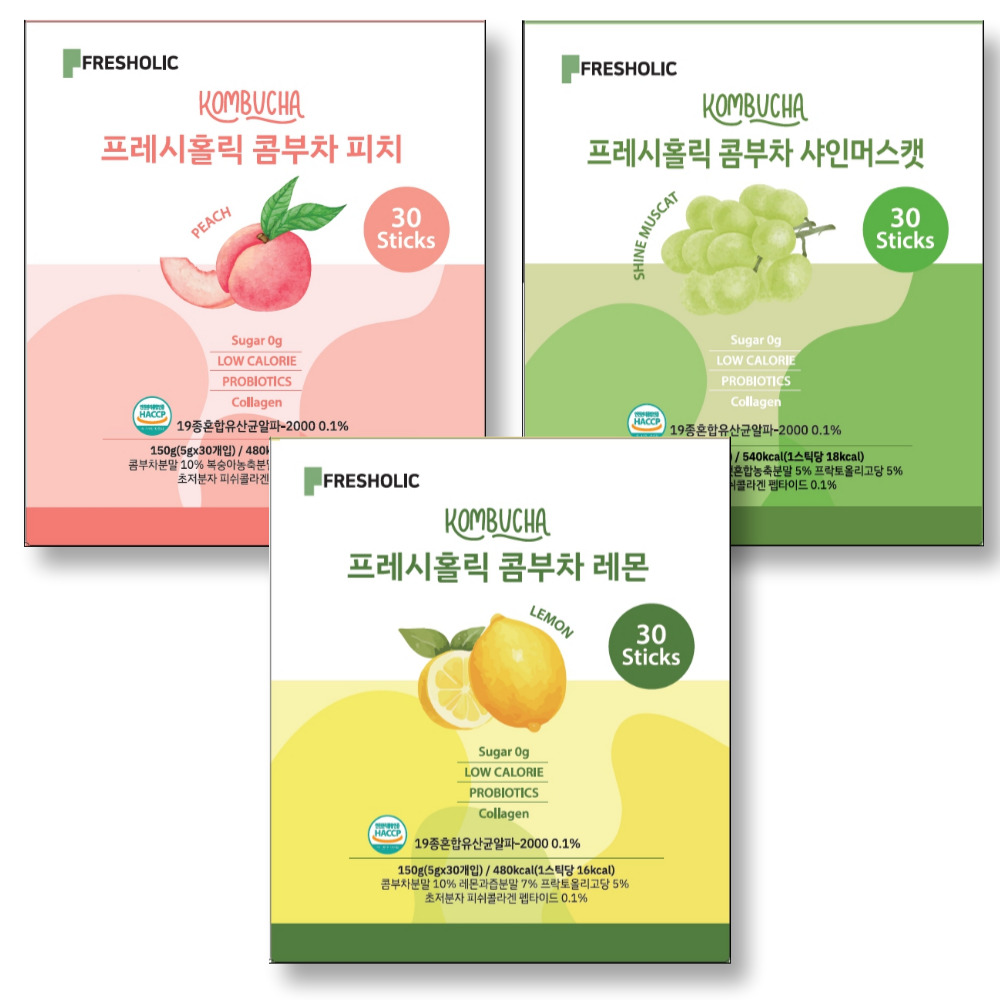 프레시홀릭 콤부차, 레몬 5g 30개입 + 피치 5g 30개입 + 샤인머스캣 5g 30개입, 1세트