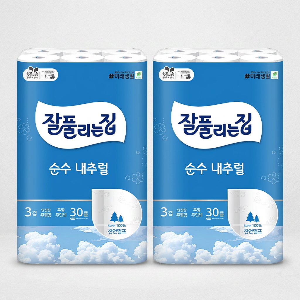 잘풀리는집 순수내추럴 3겹 천연펄프 화장지, 30롤, 30m, 2팩
