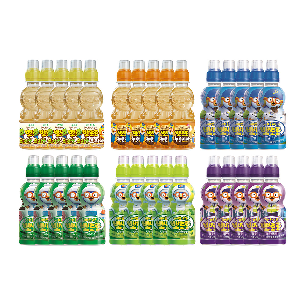 주식회사 디씽컴퍼니 팔도 뽀로로, 유기농 보리차 220ml 5개 + 밀크 235ml 5개 + 사과 235ml 5개 + 블루베리 235ml 5개 + 샤인머스캣 235ml 5개 + 누룽지차 220ml 5개, 30개