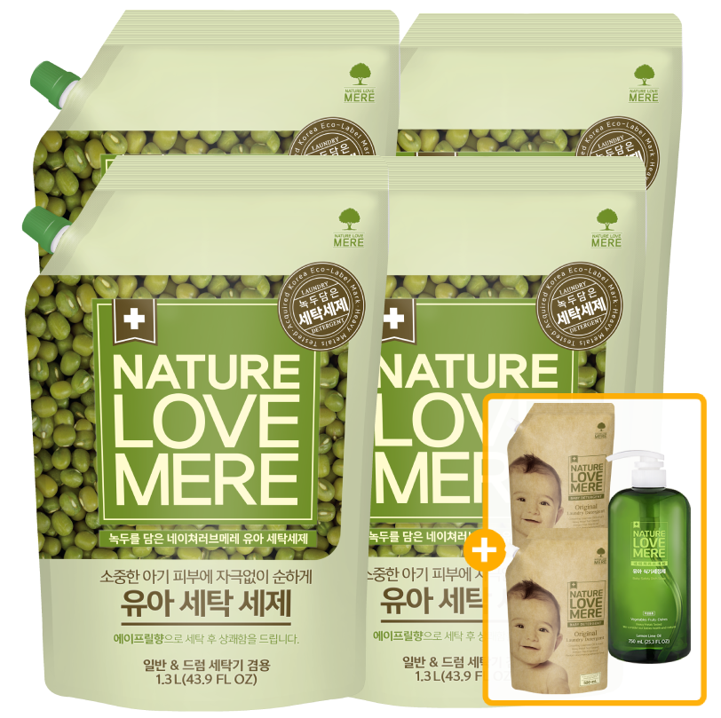 네이쳐러브메레 아기 세탁세제, 녹두향, 리필 1300ml 4팩 + 세제리필 500ml 2팩 + 식기세정제 액상형 용기 750ml 1개, 1set 가격 추이 네이쳐러브메레 아기 세탁세제, 녹두향, 리필 1300ml 4팩 + 세제리필 500ml 2팩 + 식기세정제 액상형 용기 750ml 1개, 1set - 최저가 17,900원