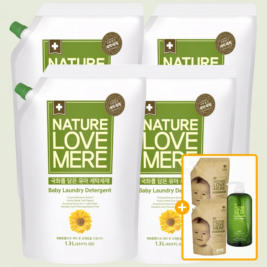 네이쳐러브메레 아기 세탁세제, 국화향, 리필 1300ml, 4팩 + 세제리필 500ml, 2팩 + 식기세정제 액상형 용기 750ml, 1개