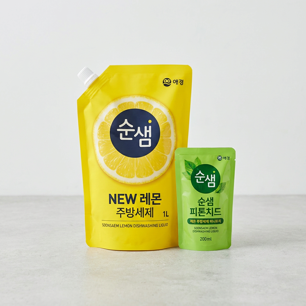순샘 레몬 주방세제 리필 1L 3개 + 순샘 피톤치드 200ml 레몬향 기름기 제거, 1개