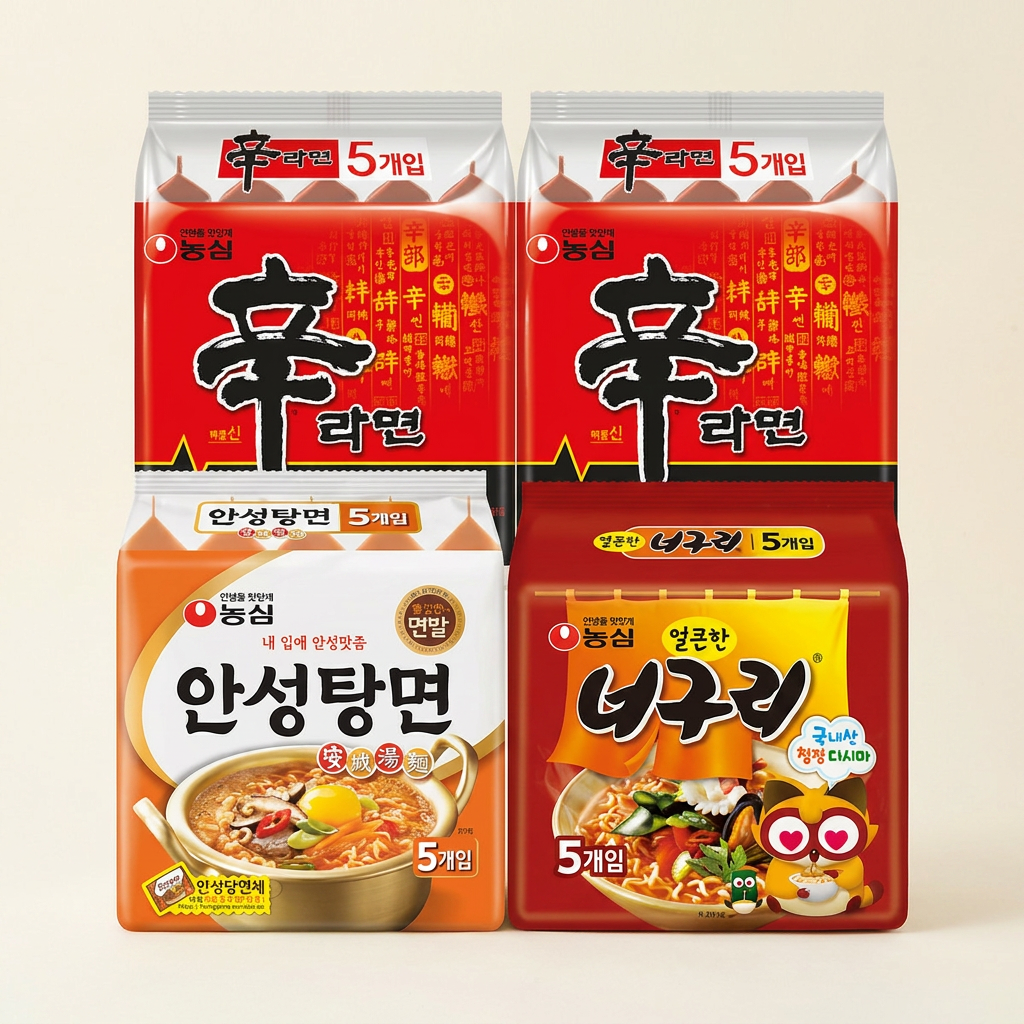 농심 신라면, 10개 + 안성탕면, 5개 + 너구리, 5개, 총 20개