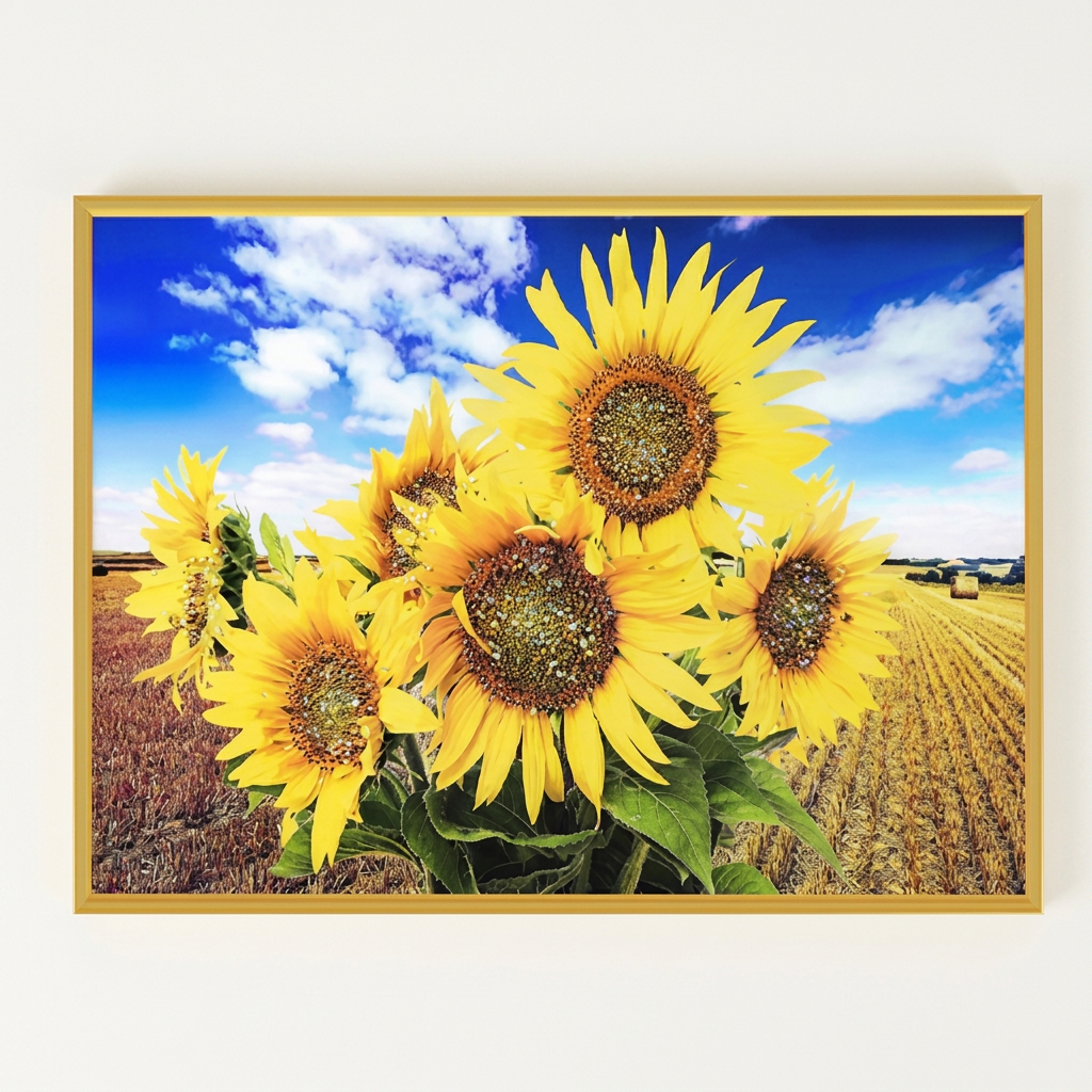 재물을 부르는 해바라기 풍수 인테리어 황금 보석 액자, 해바라기와 노을, 60x40cm, 1개