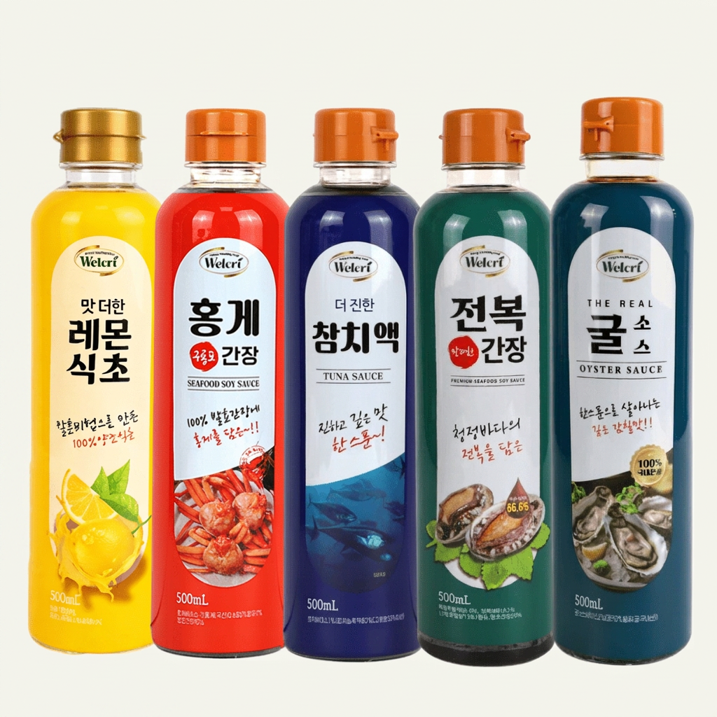 웰크리 홍게간장 500ml + 전복간장 500ml + 참치액 500ml + 굴소스 500ml + 레몬식초 500ml, 1세트
