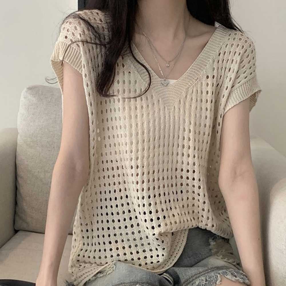 펀칭 커버업 캐주얼룩 조끼 여성 여름 시스루 비치웨어 브이넥 베스트 민소매 루즈핏 레이어드 데일리룩 니트 그물, 블랙, FREE, 1개