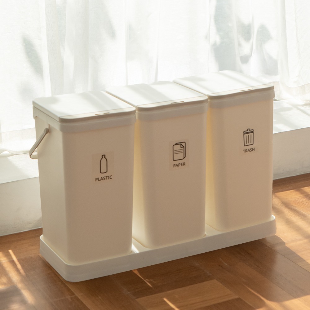 모노플랫 3단 분리수거함 2.0, 베이지, 65x26x45cm, 1개