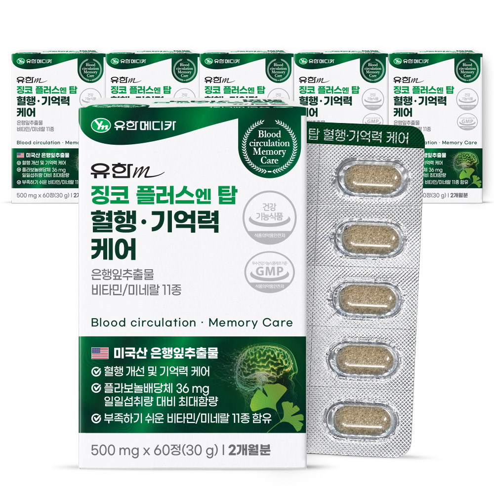 유한메디카 징코 플러스엔탑 혈행 기억력 케어, 60정, 6개