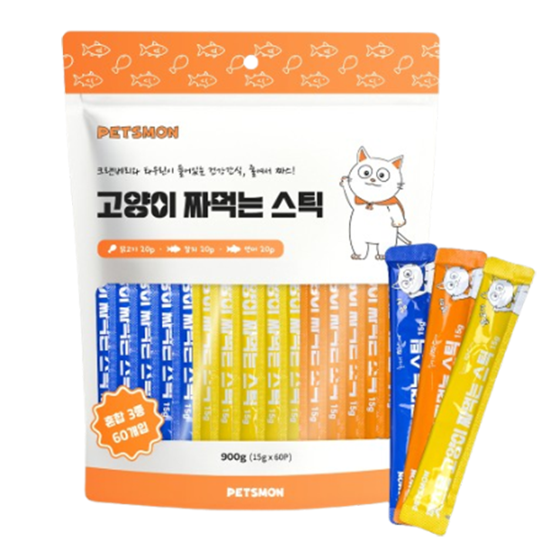 주식회사 펫츠몬 펫츠몬 고양이 짜먹는 스틱, 닭고기/참치/연어, 15g, 60개