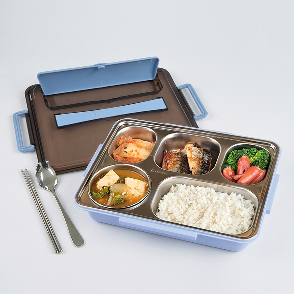 DAMDA 304 스텐 도시락통 5구 런치박스 국그릇 수저세트 보온가방 세트, 블루, 1개