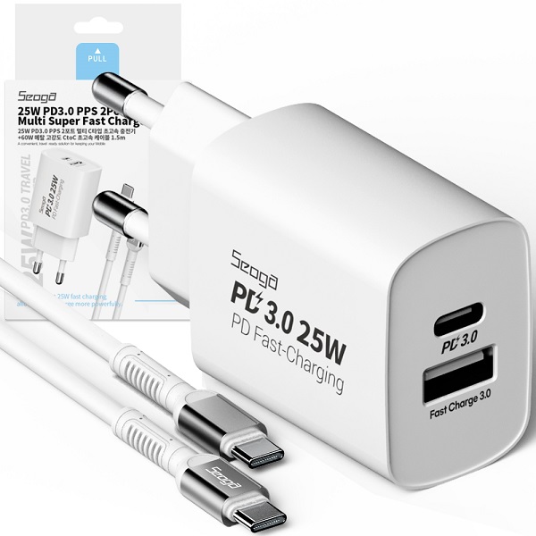 주식회사 파워컨버전스 서가 25W PD3.0 PPS 2포트 멀티 초고속 충전기, SG-PDC2500A, 화이트, 1개 + 60W PD CtoC 고급형 케이블, 1개