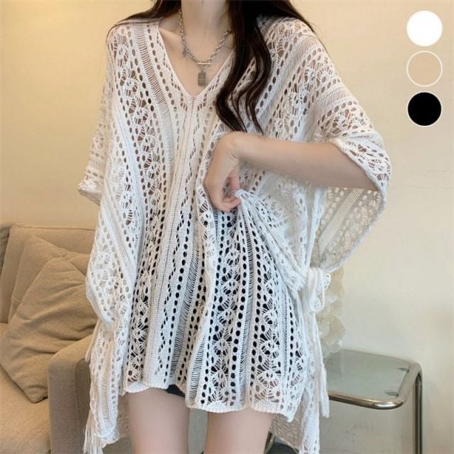 브이넥 니트 언발 비치커버업 ELC9027, 화이트, 진베이지, 블랙, FREE