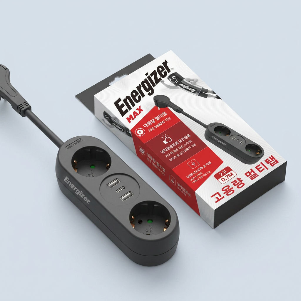 에너자이저 USB 멀티탭, 고용량 고속충전 과부하차단, 2구, C/A 타입, 납작콘센트, 블랙, 0.7m, 1개