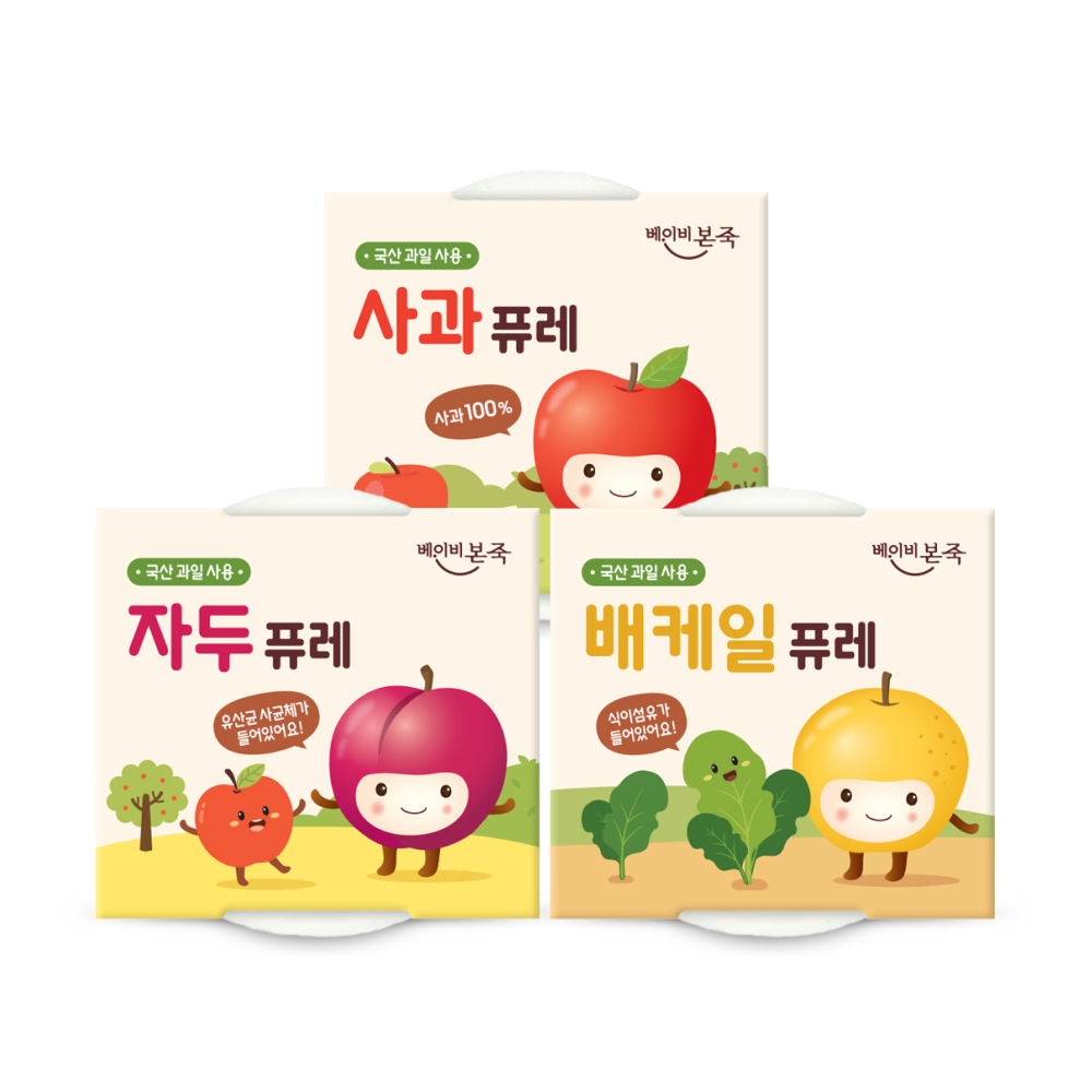 베이비본죽 국산 과일 퓨레 3종 세트, 사과+배케일+자두, 100g, 6개입, 2세트