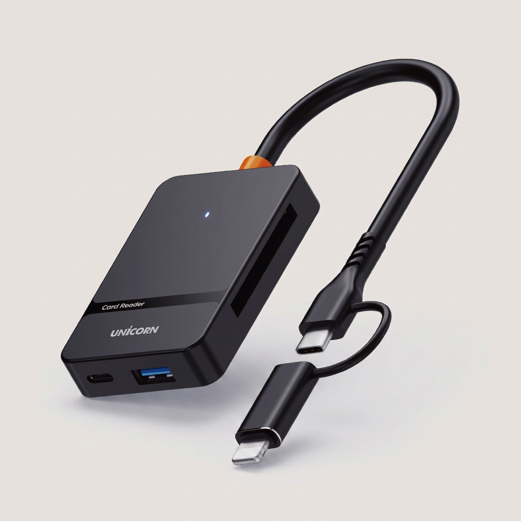 유니콘 USB 6in1 통합 멀티 카드리더기 C타입 8핀 듀얼컨넥터 XC-7000M, 블랙, 1개