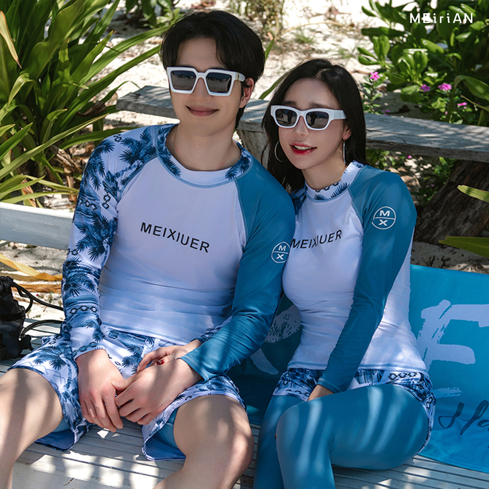 MEIXIUER 남성 커플 래쉬가드 세트 SW0236, 야자수패턴, 2XL, 1개